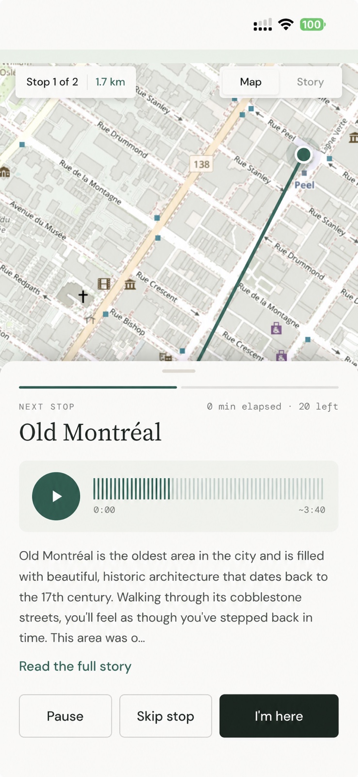 Vandro active tour showing a mapped route, the next stop and audio controls