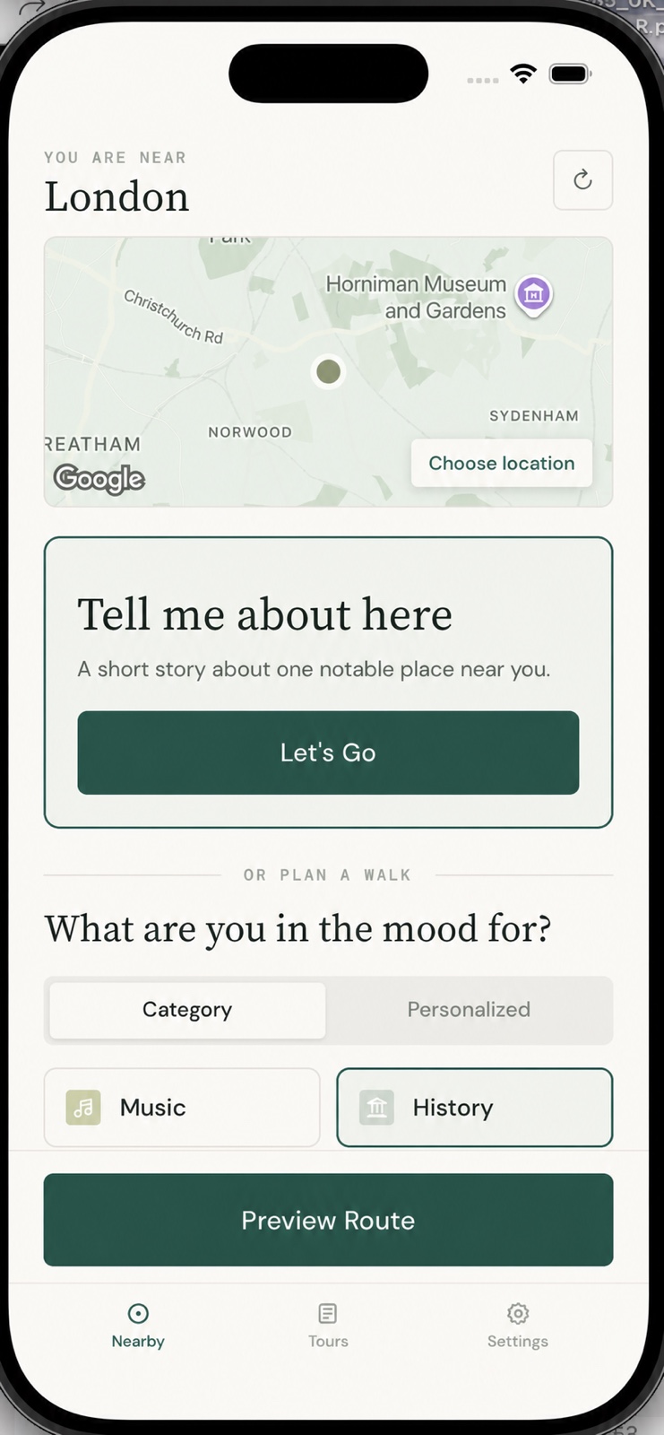 Vandro Plan a walk screen showing London, categories and route preview controls